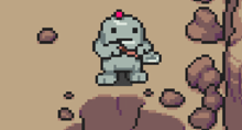 a pixel art drawing of a cartoon character holding a sword
