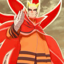 naruto is wearing a red cloak and gloves and giving a peace sign .