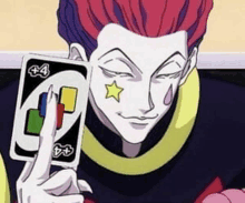 a cartoon character is holding a uno card with a star on his face .