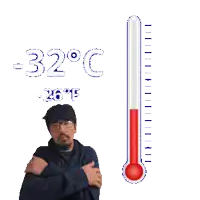 a man with his arms crossed is standing next to a thermometer that reads -26 degrees