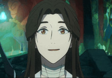 a close up of a person 's face with long hair