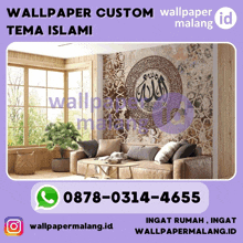 a living room with a couch and a table and a purple background that says wallpaper custom tema islami