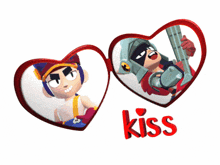 a couple of hearts with the word kiss in the middle