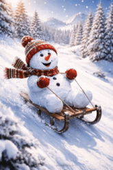 a snowman wearing a hat and scarf is riding a sled down a snowy hill