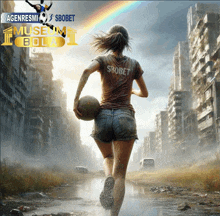 a woman running with a soccer ball that says ' sbobet ' on the back