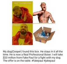 a picture of drake and a picture of jake paul and a picture of a box with a dog in it