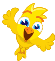 a yellow cartoon bird with blue eyes is flying