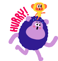 a cartoon of a monkey on a purple sheep with the word hurry above it