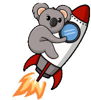 a cartoon of a koala on a rocket with flames coming out of it