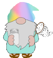 a gnome with a rainbow hat is holding a mason jar