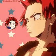 a close up of a person 's face with a red haired anime character .