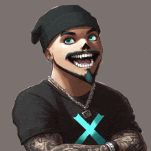 a cartoon drawing of a man wearing a beanie and a necklace with a blue x on it