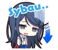 a cartoon of a girl with a blue arrow pointing down and the word sybau on top of her head