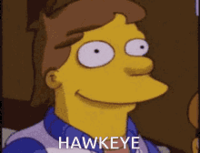 a cartoon character named hawkeye is smiling