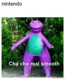 a purple dinosaur is dancing with the words cha cha real smooth written below it .