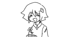 a black and white drawing of a boy holding a flower in a pot .