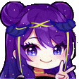 a cartoon girl with purple hair is giving a peace sign and smiling .