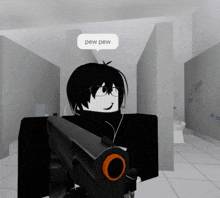 a person holding a gun in a bathroom with a speech bubble saying pew pew