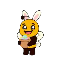 a cartoon bee with bunny ears is holding an easter basket full of eggs