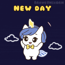 a cartoon of a unicorn with the words " new day " written above it