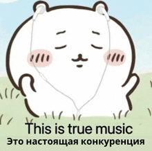 a cartoon bear wearing headphones says this is true music in russian