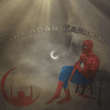 a spider man sitting in a chair with a hookah and the words ramadan kareem above him