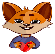 a cartoon fox is smiling and holding a red heart in his hands .