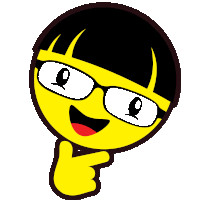 a cartoon smiley face with glasses and a black haircut