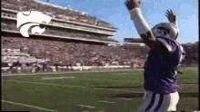 a football player wearing a purple jersey and a silver helmet stands on the field with his arms in the air