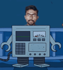 a man with a beard is standing in front of a cartoon robot