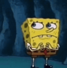 spongebob squarepants is standing in front of a blue wall and making a funny face .