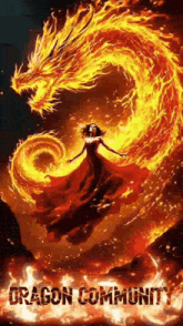a woman in a red dress is standing in front of a fire dragon .