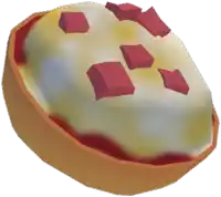 a cartoon drawing of a pizza with cheese and red squares on it