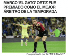 a picture of a referee on a soccer field with the caption marco ' el gato ortiz fue premiado como el mejor arbitro