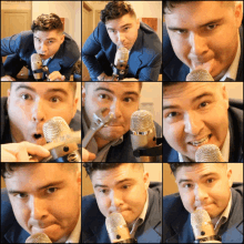 a collage of images of a man with a microphone