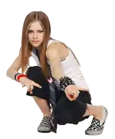 a girl wearing a white tank top and black pants squatting down