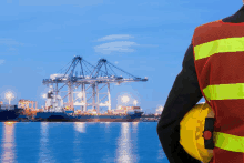 a man wearing a hard hat stands in front of a large ship in the water