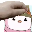 a cartoon snowman wearing a hat and scarf is being touched by a hand .