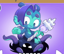 a cartoon character with purple hair is holding a brush and a knife
