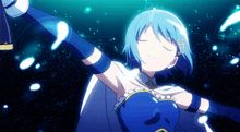 a girl with blue hair is holding a sword in her hand