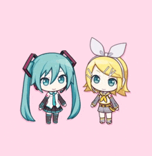 a drawing of hatsune miku and rin standing next to each other on a pink background