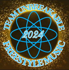 a logo for team unbreakable freestyle music with a blue atom in the center