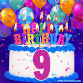 a birthday cake with the number 9 and candles on it