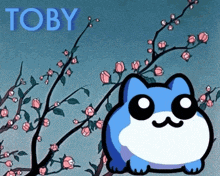 a cartoon of a blue cat with the name toby on it