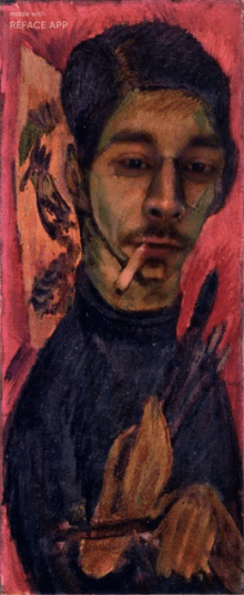 a painting of a man with a cigarette in his mouth and the words made with reface app on the bottom