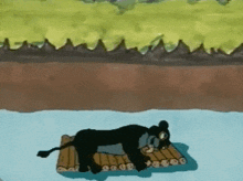 a cartoon of a panther laying on a raft in the water .