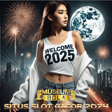 a woman is wearing a white tank top that says welcome 2025