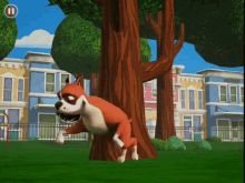 a cartoon dog is running away from a tree with the number 11 in the corner