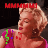 a woman in a pink dress with music notes around her neck and the word mmmm on the bottom
