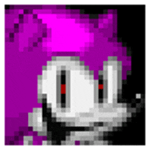 a pixel art image of a cartoon character with purple hair and red eyes